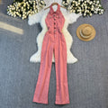 Summer denim jumpsuit for women, european and american style, elegant halter neck, sleeveless, open back, high waist, slimming and figure-flattering denim jumpsuit