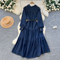 High-end elegant women's dress -  autumn new arrival: chic and graceful notch collar, single-breasted button closure, cinched waist denim midi dress