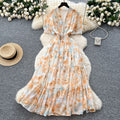 Frenchretrov neck puff sleeve floral chiffon dress women's summer dress waist elegant slit ruffles long skirt