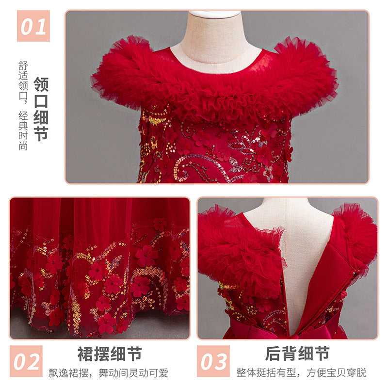 export girls' formal dress with lace and mesh – perfect for piano recitals, festive celebrations, and elegant hostess outfits – wholesale available