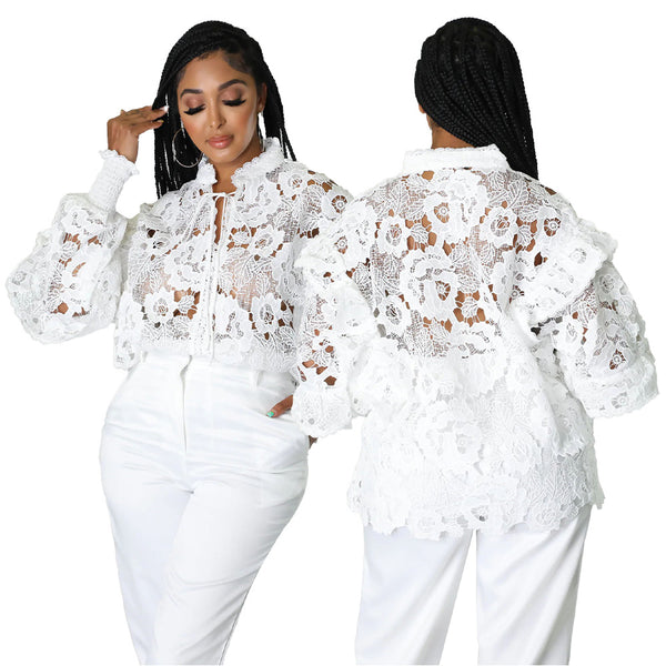 K10200   2022 European and American  women's clothing hollow lace-up cardigan lantern sleeve jacket