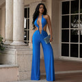 C7687 cross-border   fashion women's sexy lace-up backless solid color bodycon jumpsuit