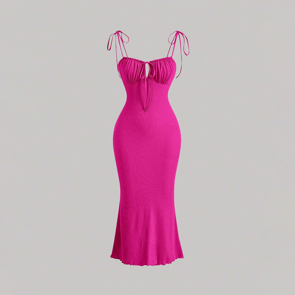 sexy drawstring tie bodycon mermaid maxi dress with spaghetti straps - vacation-ready french style