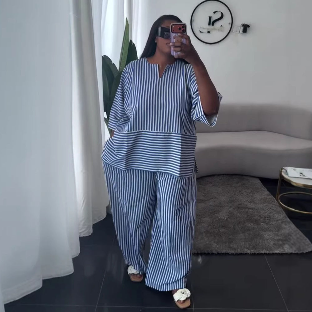 European and american cross-border women's fashion:  summer new arrivals - stylish and elegant striped loose-fit shirt and wide-leg pants casual set