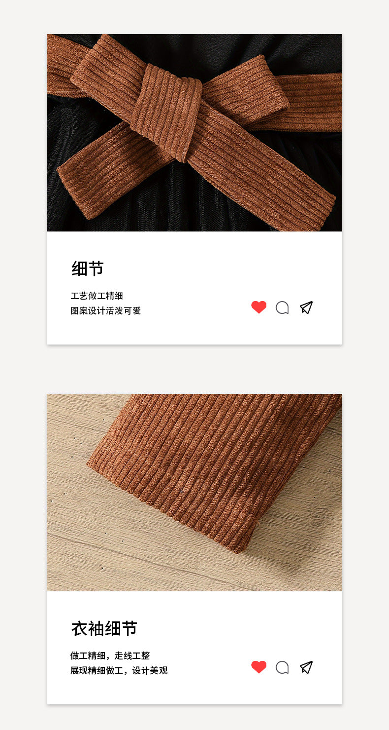 Girls' corduroy jacket and skirt set - coffee brown single-breasted long sleeve top with mesh skirt - kids' two-piece outfit