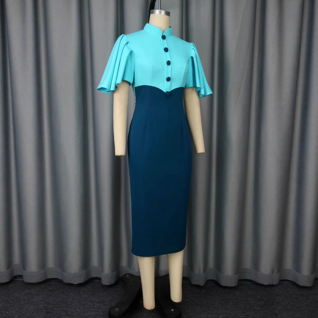 Cross-border new retro semi-turtleneck contrasting color lotus leaf sleeve dress, high waist slim and elegant party dress