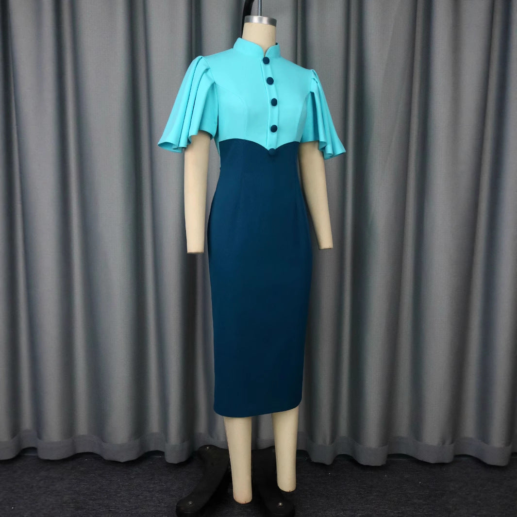 Cross-border new retro semi-turtleneck contrasting color lotus leaf sleeve dress, high waist slim and elegant party dress