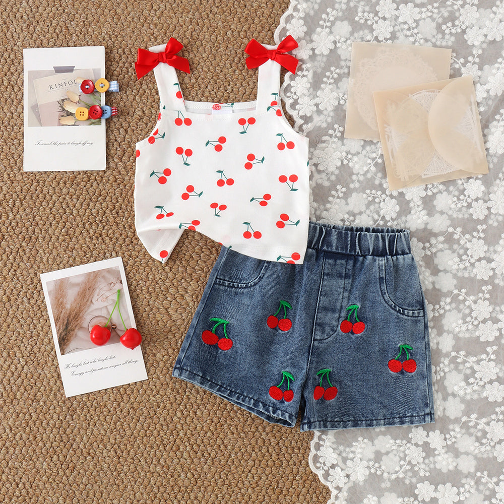 Kids clothing  cross-border new arrivalfashion spring & fallgirl cherry pattern white vest shorts