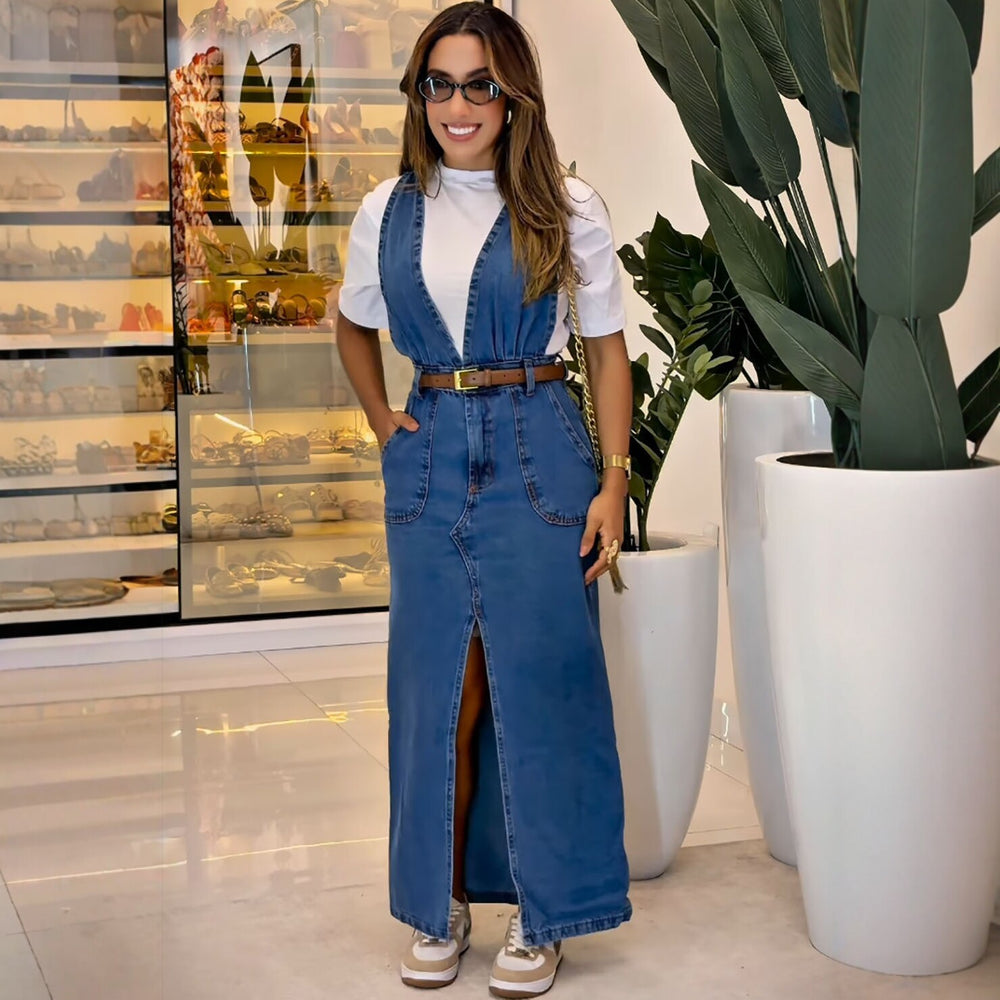 European and american style denim jumpsuit dress -   new cross-border women's fashion deep v slit overalls maxi dress