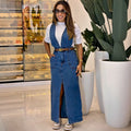 European and american style denim jumpsuit dress -   new cross-border women's fashion deep v slit overalls maxi dress