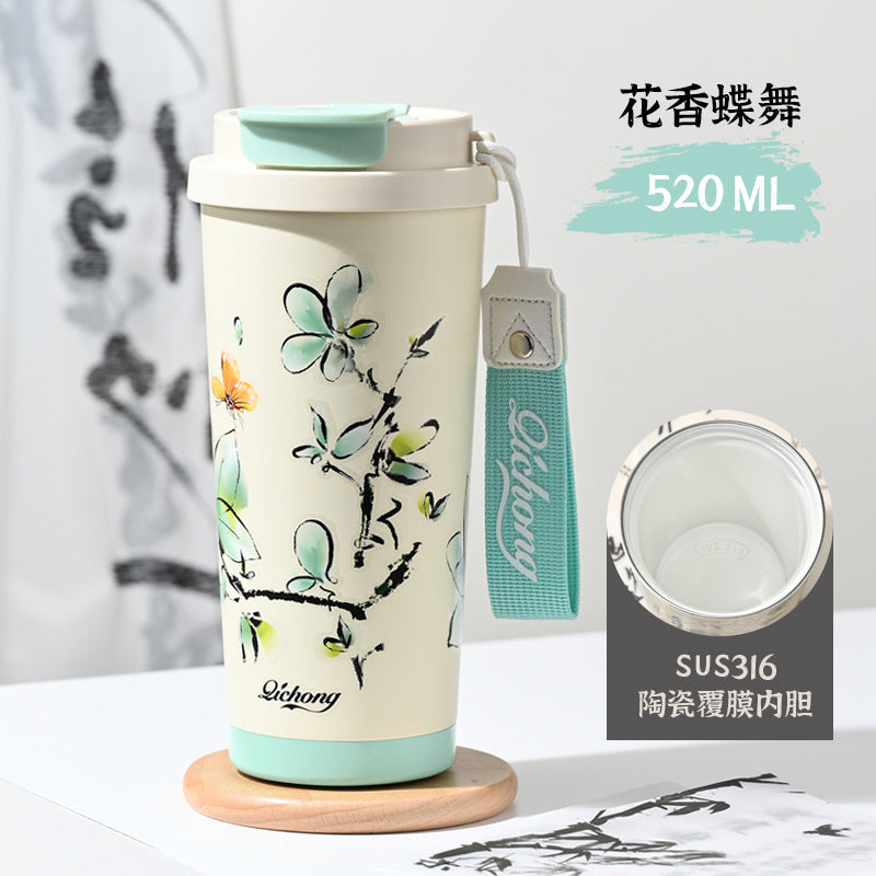 Ink style national trend portable thermos cup chinese style double drinking lid coffee cup 316 stainless steel ceramic liner water cup