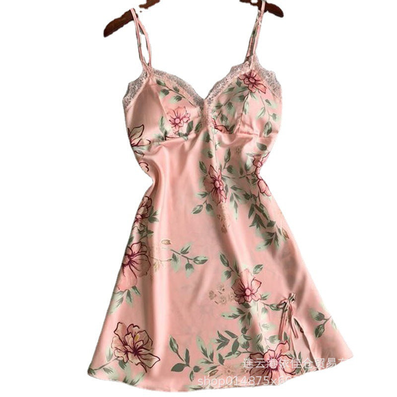Women's sexy deep v-neck nightgown lace satin sleeveless slip dress lingerie home dress