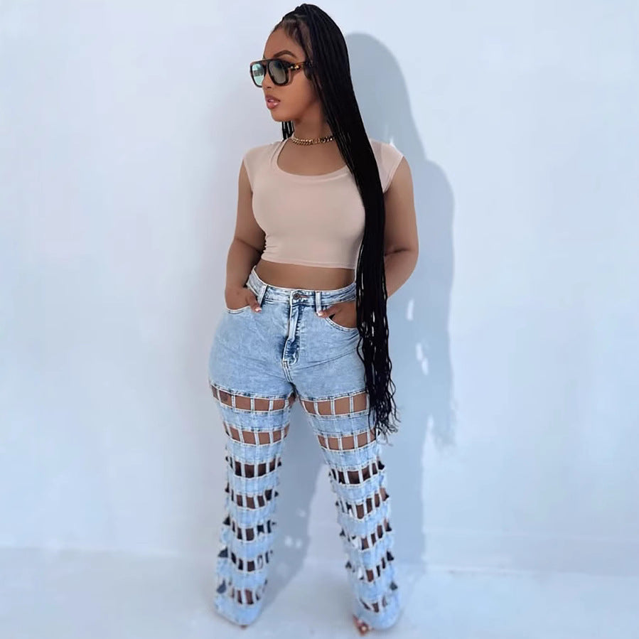 European and american style distressed jeans - new women's streetwear fashion hollow-out high-waisted straight-leg jeans for  cross-border e-commerce
