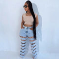 European and american style distressed jeans - new women's streetwear fashion hollow-out high-waisted straight-leg jeans for  cross-border e-commerce