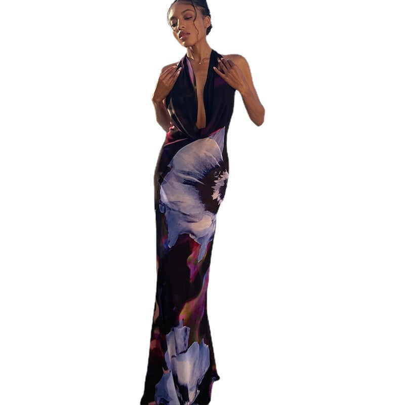European and american women's apparel cross-border trade manufacturer:  new digital print sexy cowl neck long/midi dress
