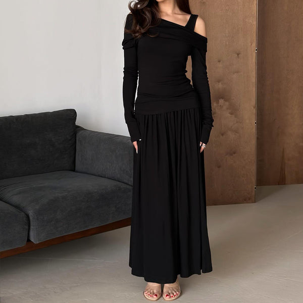 French sweet temperament slanted shoulder gentle wind top long pleated skirt two-piece set women's versatile slim suit
