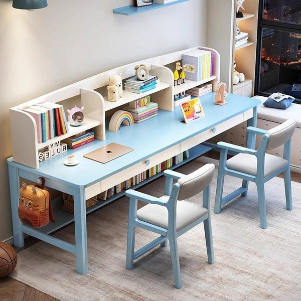 Solid wood double desk with bookshelf integrated two-person student computer desk bedroom extended children's study table cp