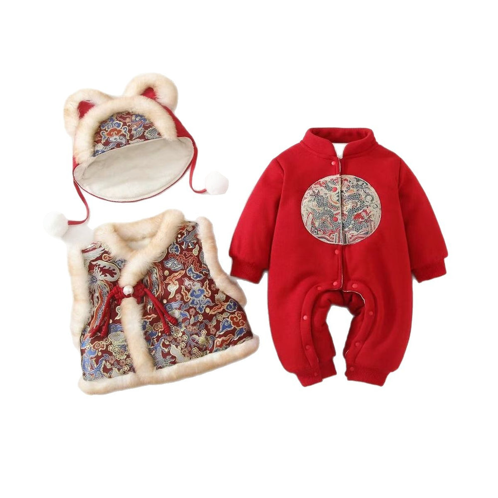Winter girls' new year's outfit: new chinese style children's red fleece-lined thickened traditional tang suit set for the lunar new year