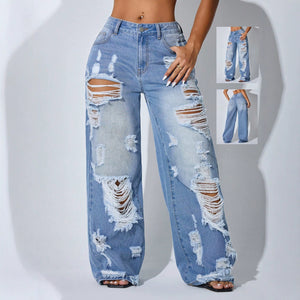 Fashion big hole wide leg jeans women's high waist washed raw edge mop pants street retroslimming look tattered straight-leg