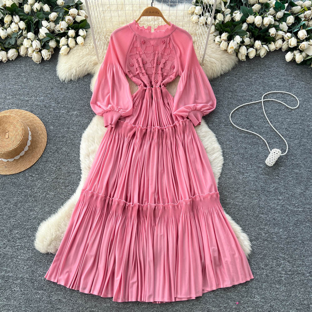 Frenchretro lantern sleeve pleateddress women's waist slimming lookk-style a-line long skirt lady style layered long skirt