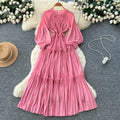Frenchretro lantern sleeve pleateddress women's waist slimming lookk-style a-line long skirt lady style layered long skirt