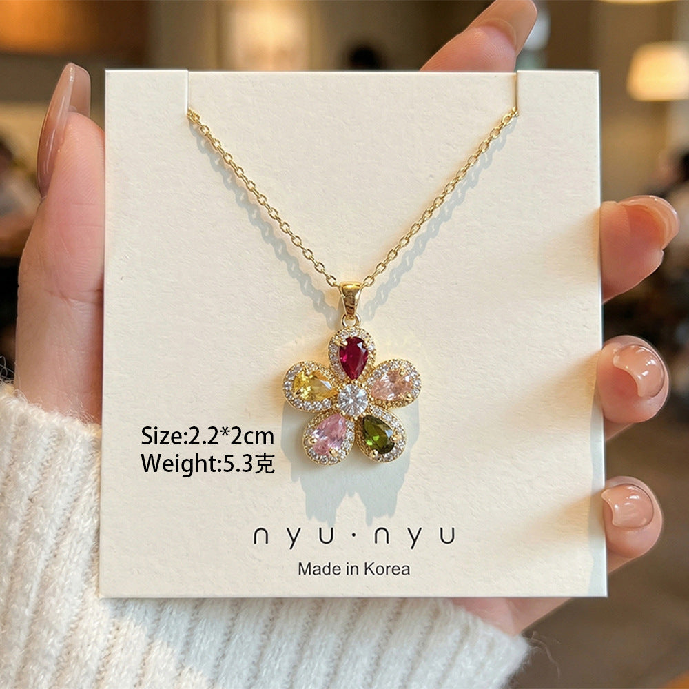 Copper inlaid zirconium four-leaf clover necklace for women, titanium steel real gold plating popularinsfashion flower exquisite sweater chain jewelry