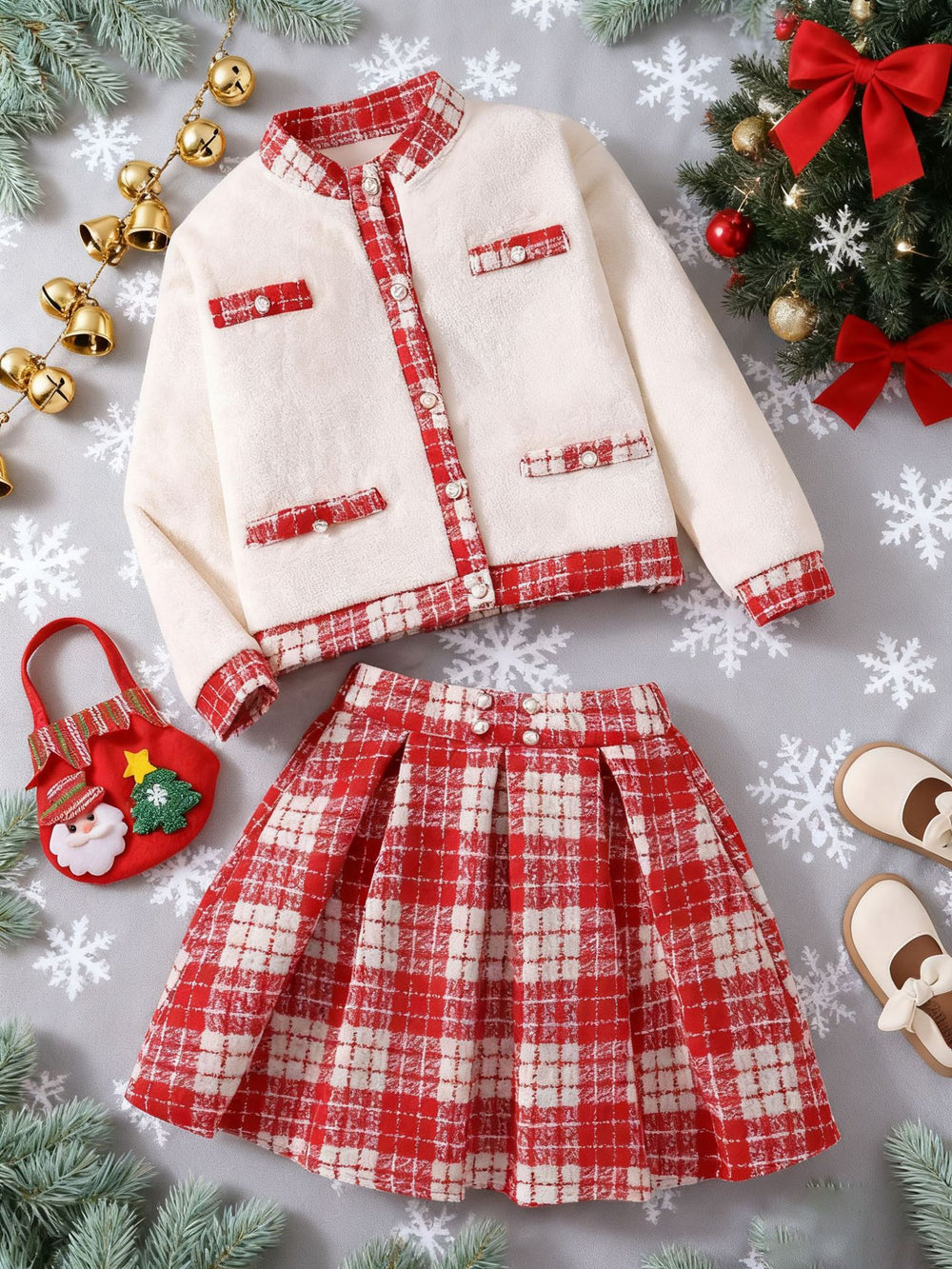 girls' christmas style outfit: red plaid skirt & elegant long-sleeve jacket two-piece set
