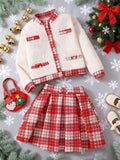 girls' christmas style outfit: red plaid skirt & elegant long-sleeve jacket two-piece set