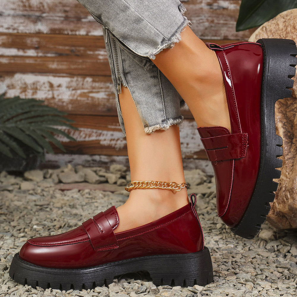 spring/autumn new collection: women's mid-heel square heel flats - export quality, british style chunky sole, round toe, preppy slip-on leather shoes