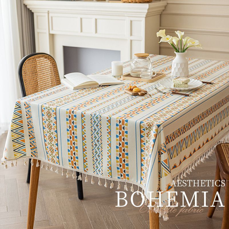 Bohemian nordic style tablecloth - cotton linen, no-wash, ethnic design, rectangular with tassels, camping tablecloth, waterproof and oil-resistant
