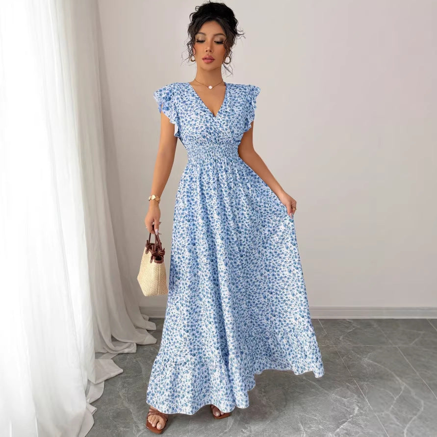 summer new arrival: blue printed fashionable women's dress for cross-border e-commerce