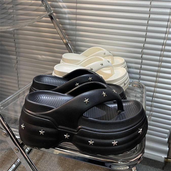 9cm height increasing slippers women's summer 2024 new fashion star flip flops women's beach shoes platform sole slippers