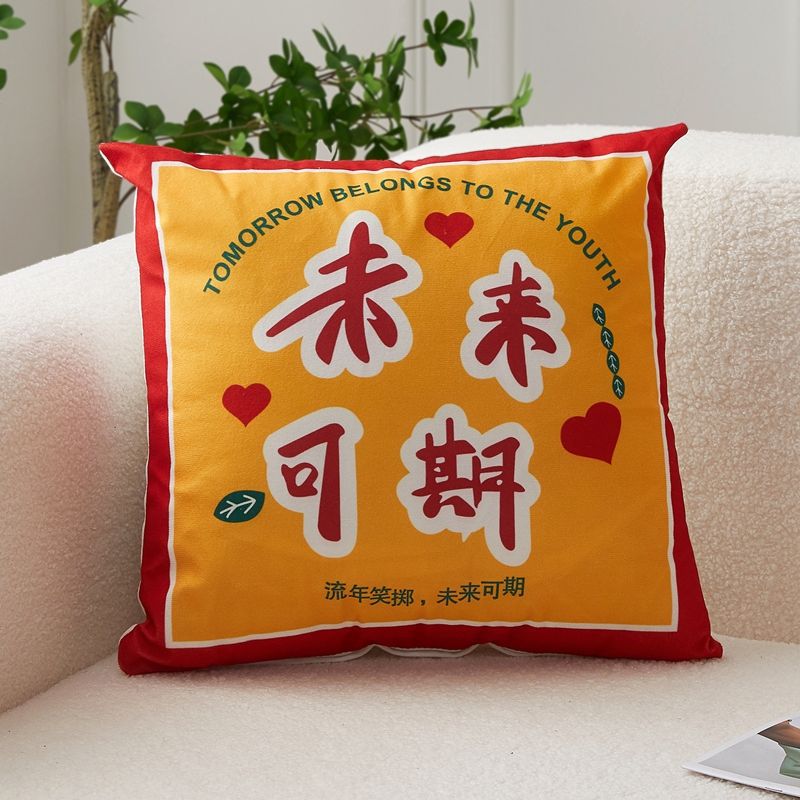 New short plush Guochao text throw pillow Home decoration sofa throw pillow Get rich New Year throw pillow