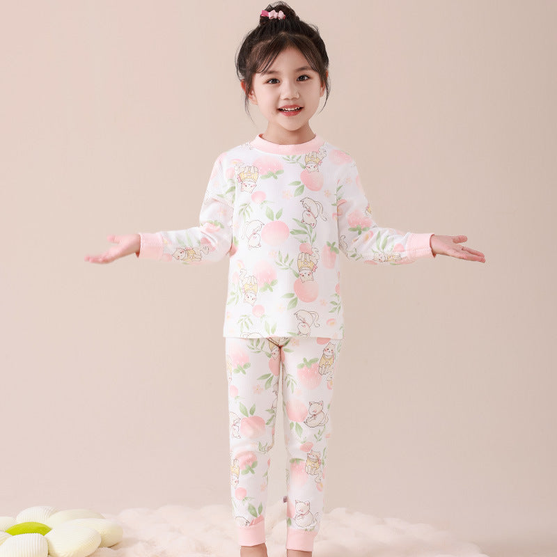 Kids' 100% cotton thermal underwear set - boys' and girls' spring/autumn warm printed pajamas