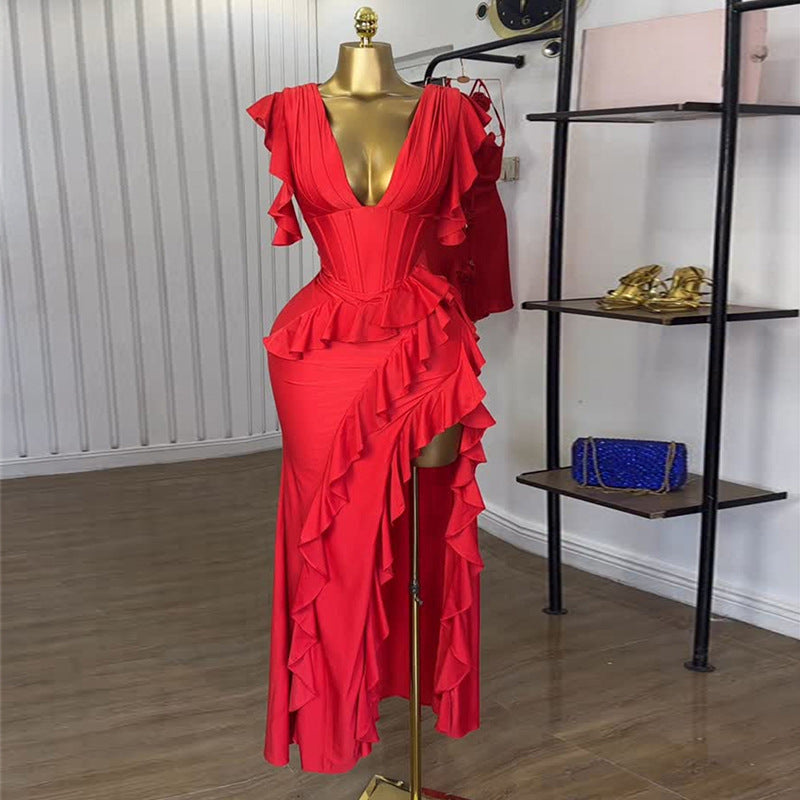 European and american cross-border women's fashion  summer new arrival: elegant v-neck ruffle trim top and asymmetrical midi skirt set