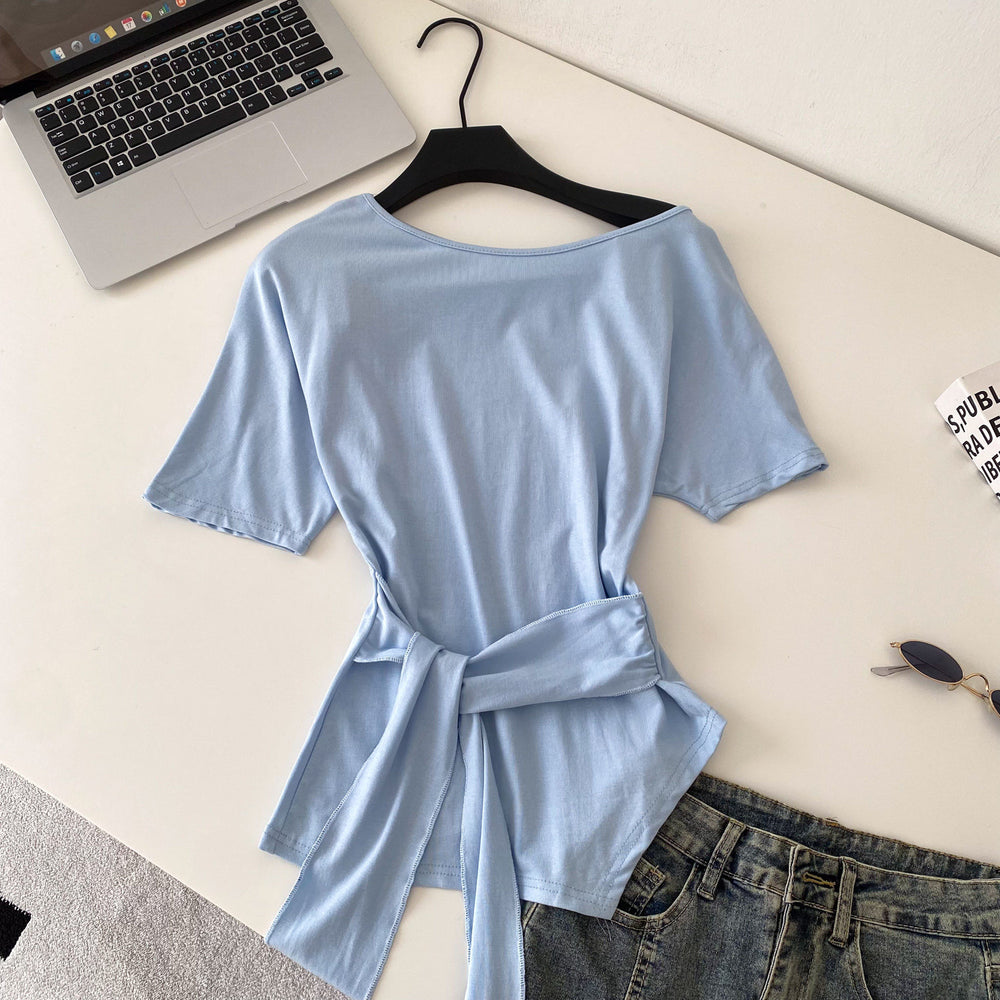 K-stylesense of design oblique shoulder tie backtight waist short-sleeved t-shirt women's new arrival waist slimming lookeleganttops