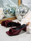 French high-heeled slippers for women, new summer 2025 collection, square toe chunky heel thong sandals with elegant bow detail