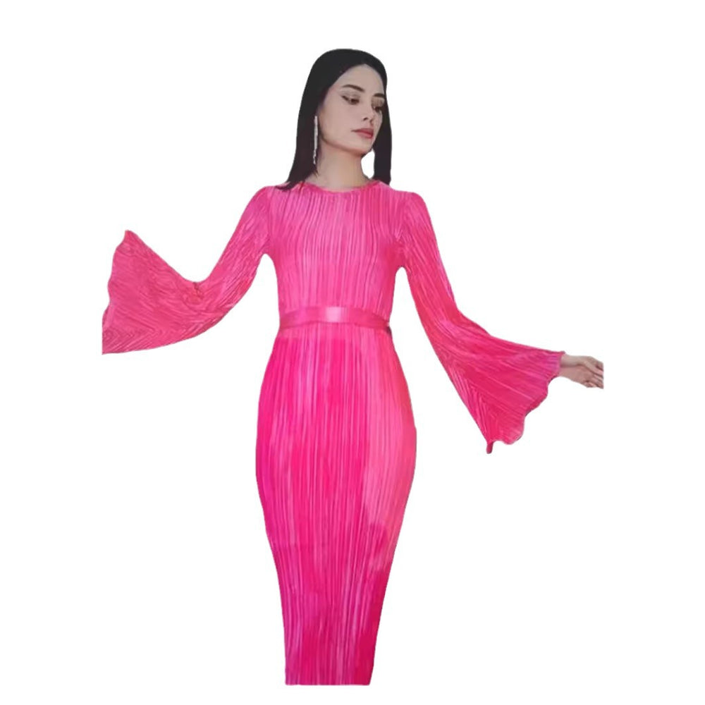Amazon women's  european and american style spring new solid color round neck tie-back long sleeve double layer pleated elegant dress