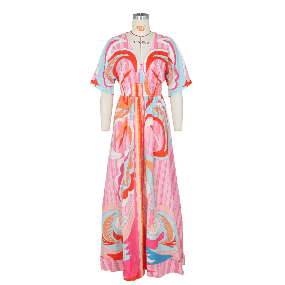 summer new arrival: fashionable and casual printed maxi dress with butterfly sleeves and side slit