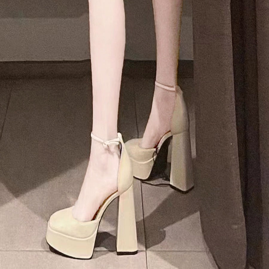 Mary jane chunky heel women's shoes 2025 new fairy style waterproof platform french square toe single strap flats