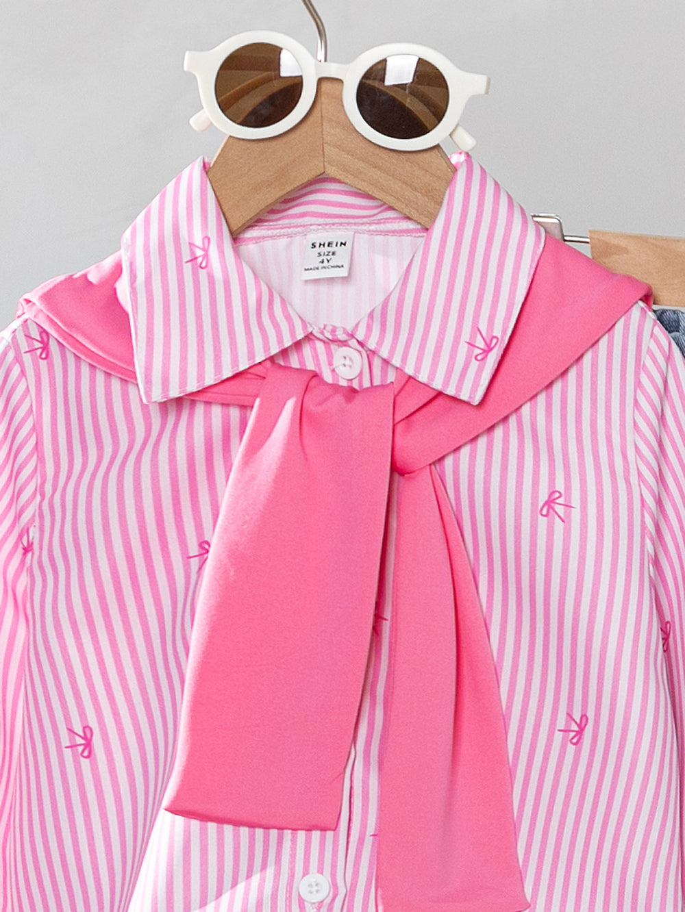 new autumn cross-border girls' collared shirt with color block shawl + embroidered bow denim jeans three-piece set