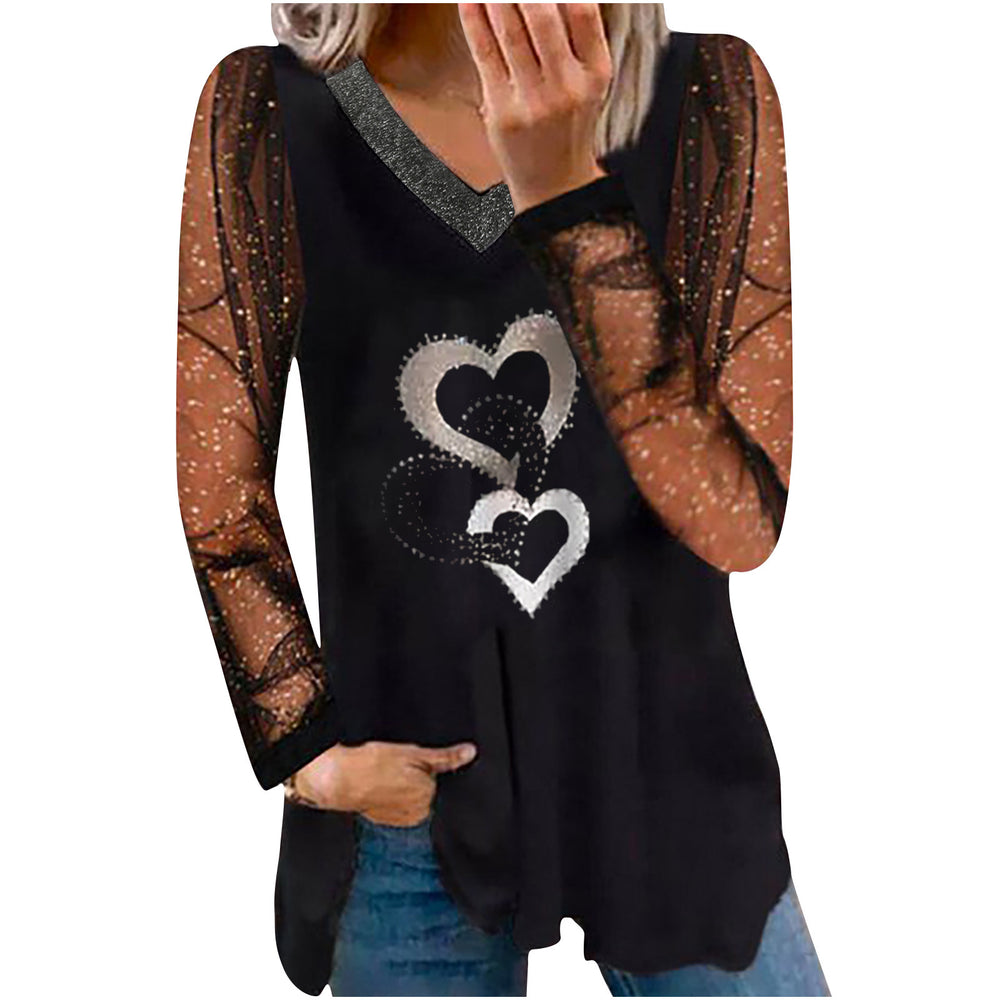 women's casual printed v-neck lace trim gold edge long sleeve t-shirt - in stock