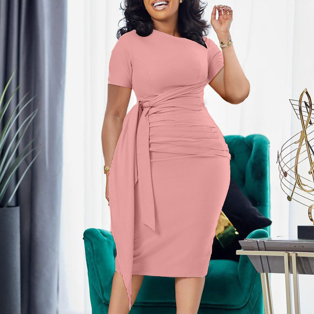 D3210 african export women's summer new short-sleeve fashion ruched elegant tie-up asymmetrical neck european and american style dress