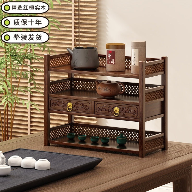 Solid wood storage rack small table antique rack tea set purple clay pot storage rack office desk tea table storage desktop
