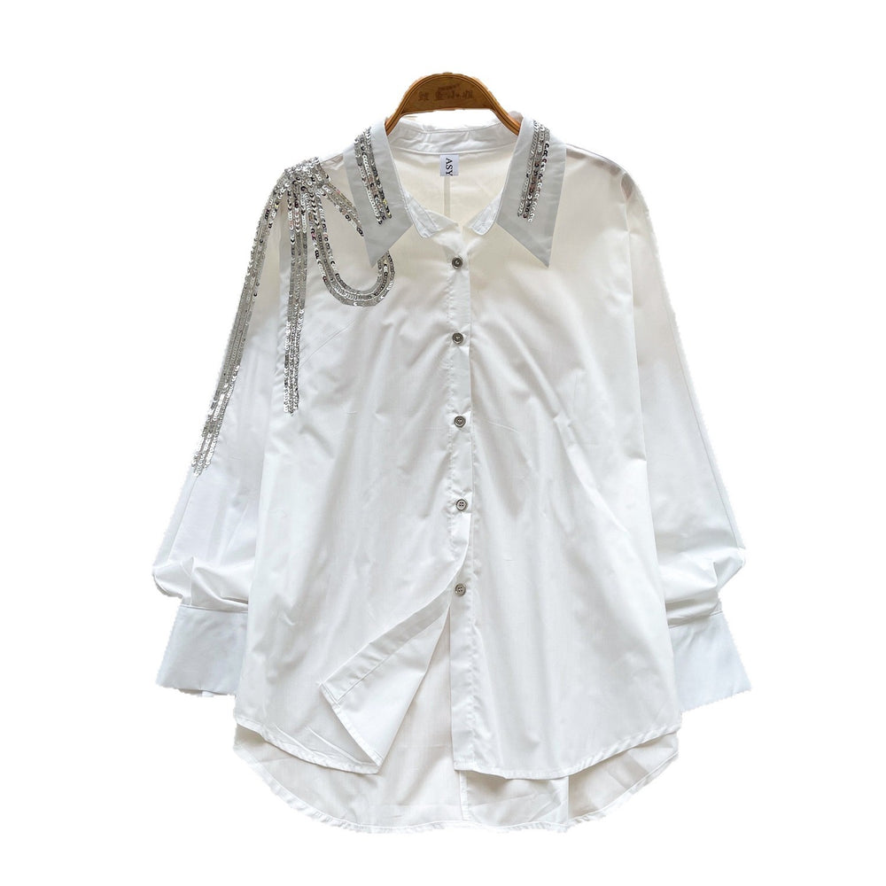 Stylish and versatile heavy sequin embroidered lapel long sleeve single-breasted blouse - women's autumn  loose fit slimming top