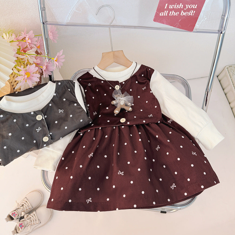 Girllong sleeves round neck patchwork skirt spring & fall dress one-year-old dress for kids baby girl bear polka dot bows style skirt