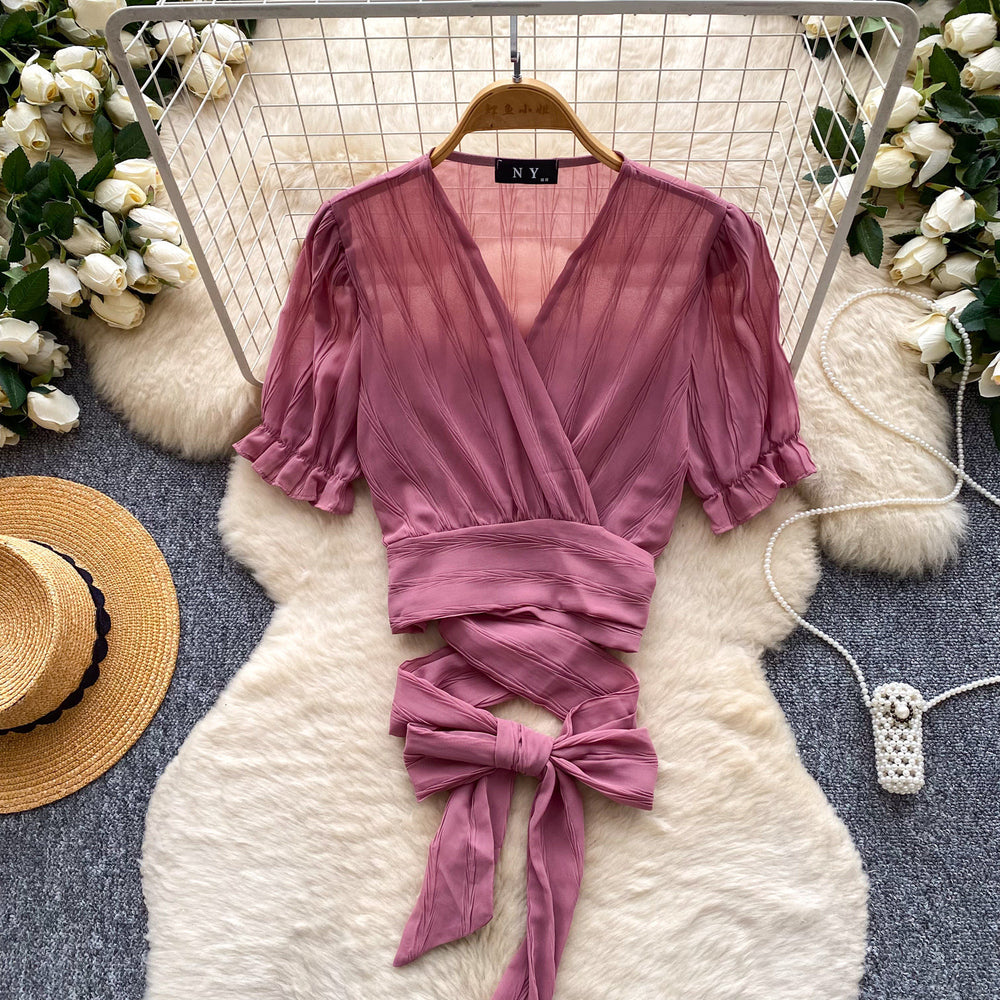 French work clothing style v neck strap elegantshirt women's summer short-sleeved waist design nichetops