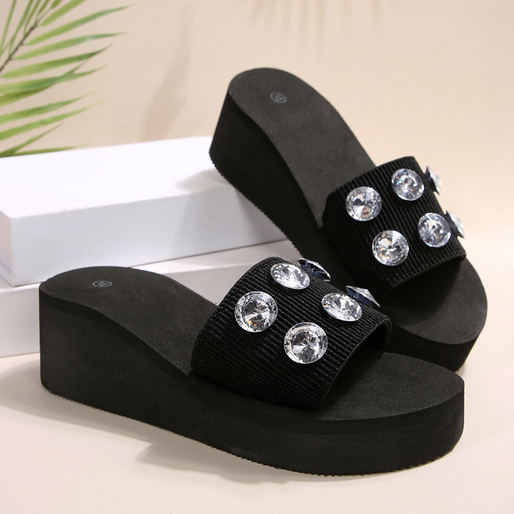 Plus size fashion rhinestone platform slippers for women, 2025 new arrival, aliexpress wedge heel flat slide sandals, fabric upper