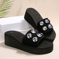 Plus size fashion rhinestone platform slippers for women, 2025 new arrival, aliexpress wedge heel flat slide sandals, fabric upper