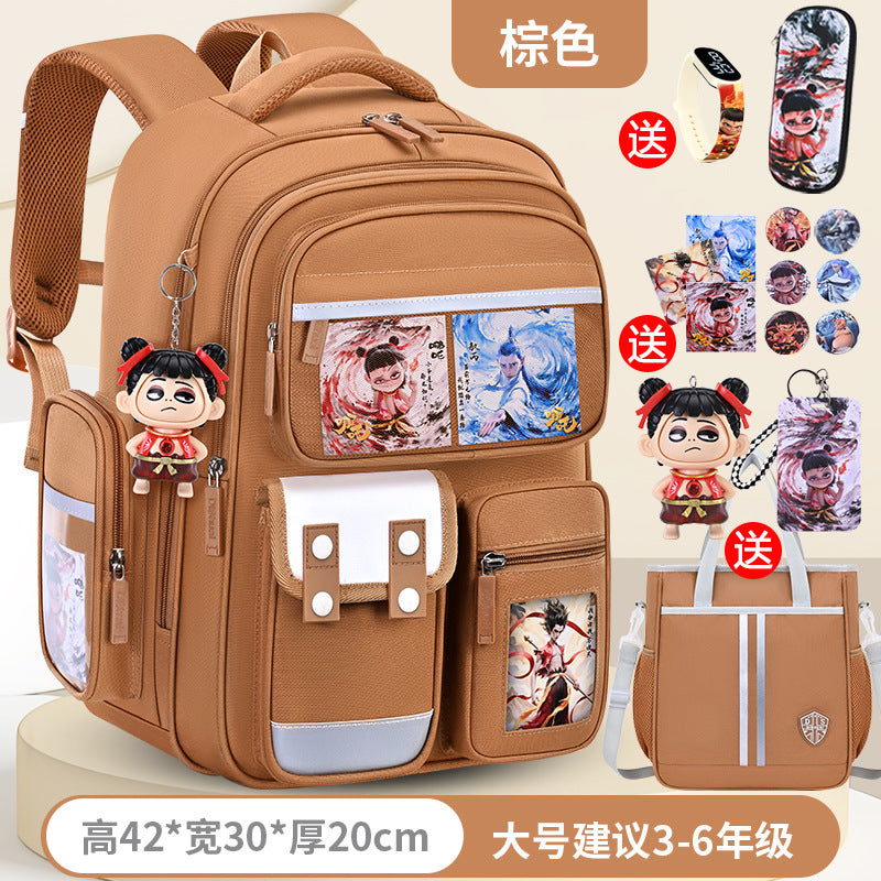 New nezha backpack for boys and girls, grades 1-6: spine protection, lightweight design, and extra-large capacity
